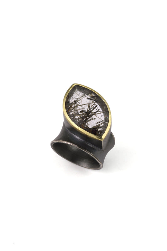18K Gold & Sterling Silver Ring with Marquise-Shaped Tourmalated Quartz, LYR118-25041, Liaung Chung Yen
