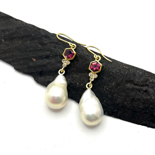 22kt & 18kt Gold Hexagon Rhodolite Garnet, Pearl & Diamond Earrings, SW26208, Sam Woehrmann