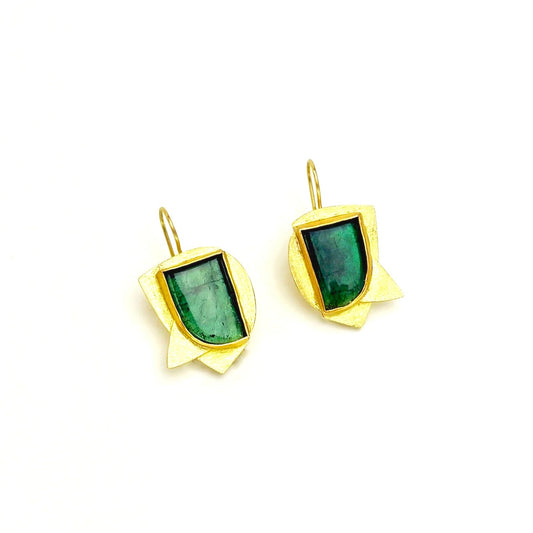 22K & 18K Gold Angular Bezel Set  Green Tourmaline Earrings, GOT-E01, Yu Jean Choi
