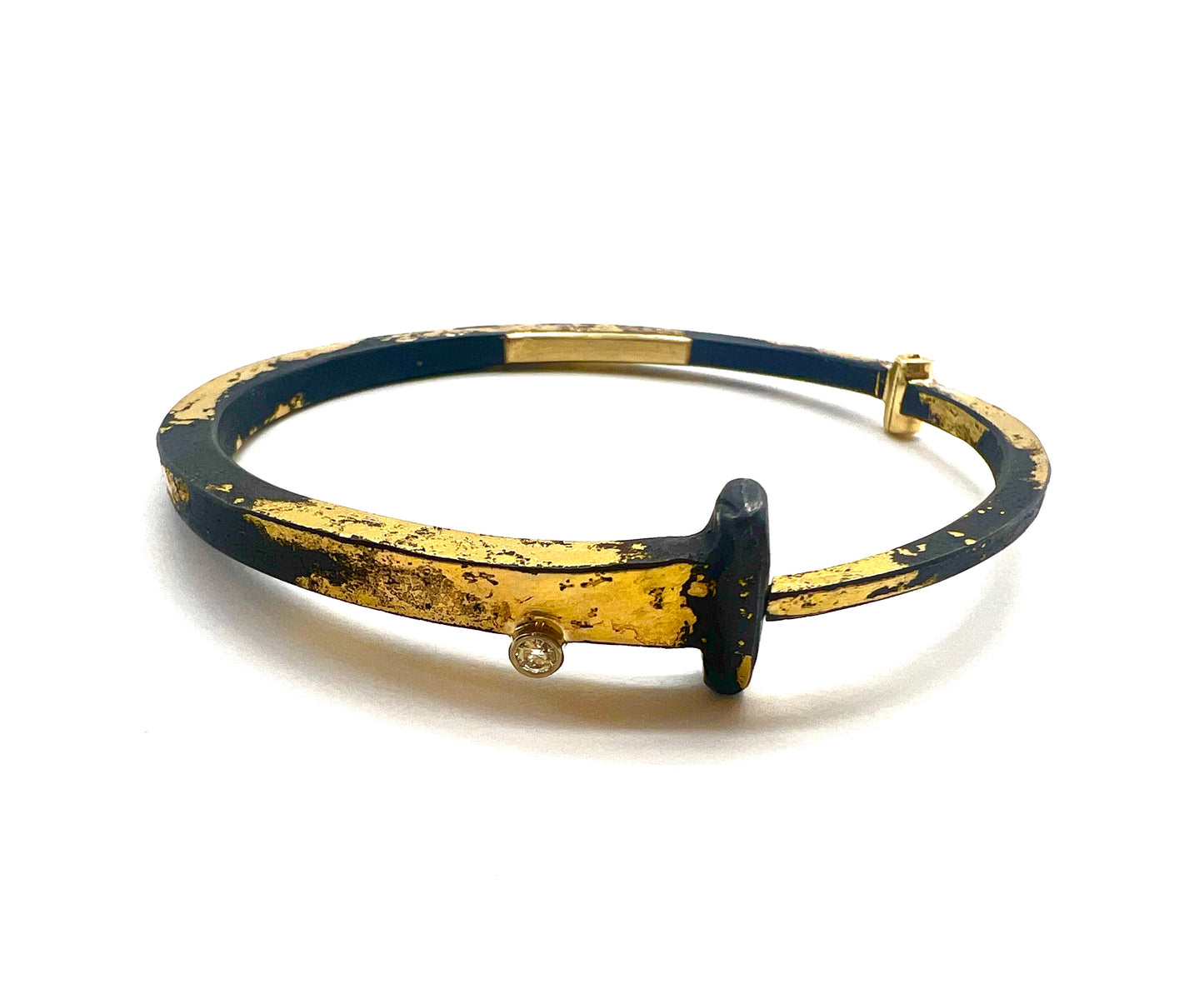 22k and 18k Gold and Iron with Single Diamond Railroad Spike Cuff