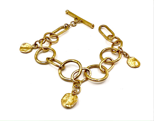 22k Gold Bracelet of Large Circle and Oval Chain Links with Charms