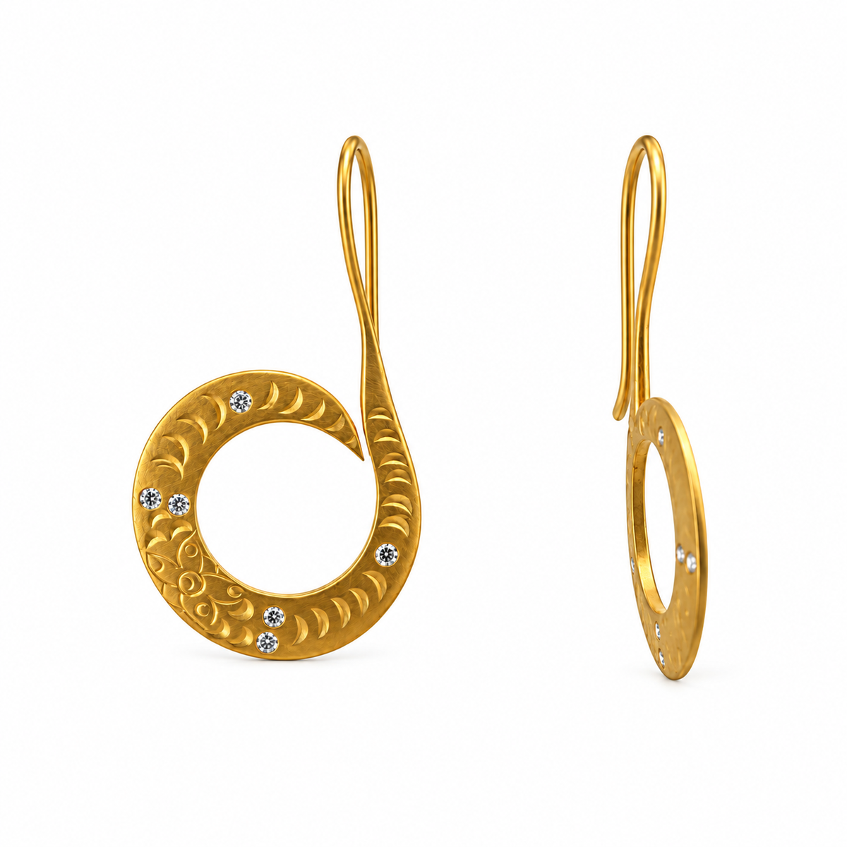 Matte 18kt Yellow Gold Engraved Diamonds Loop Hook Earrings, KSE009, Kanwar Singh