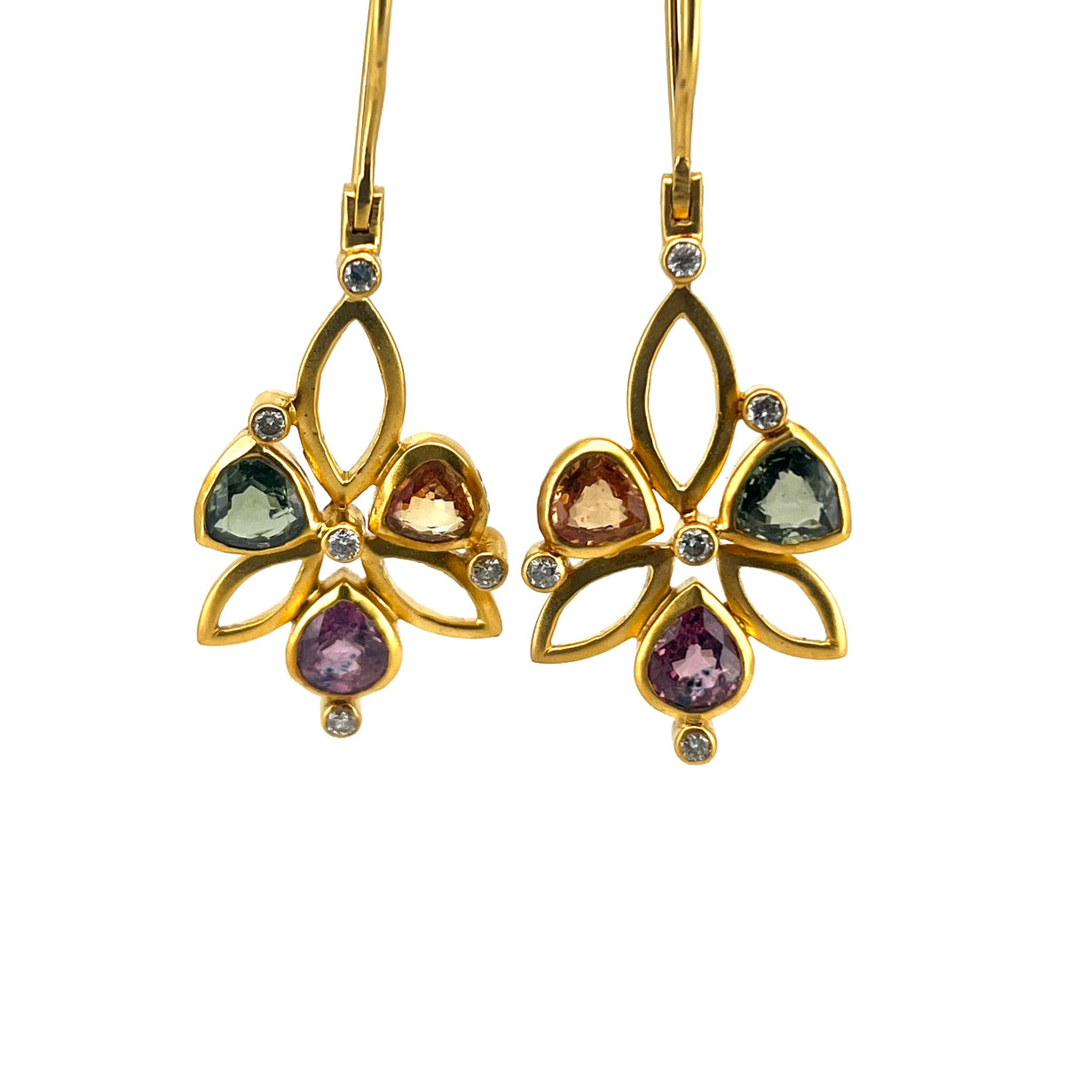 Matte 18kt Yellow Gold Marquise Triangle Multicolor Sapphire & Diamond Earrings, KSE017, kan