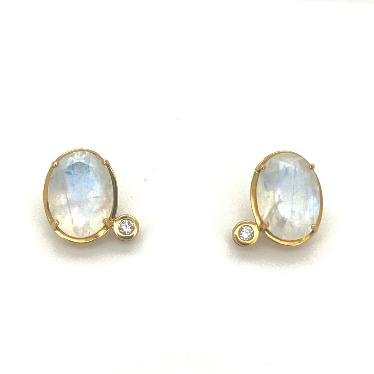 18kt High-Polish Gold Faceted Moonstone & Diamond Prong-Set Post Earrings, KSE191, Kanwar Singh