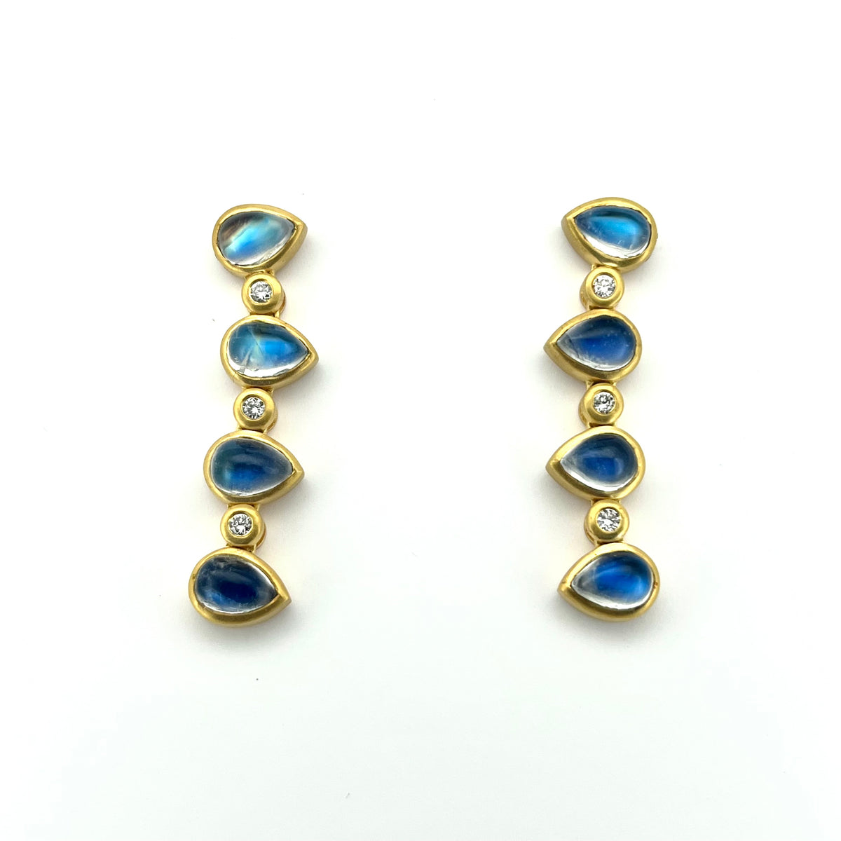 Matte Yellow Gold Teardrop Moonstone & Diamond Riveted Drop Earrings, KSE036