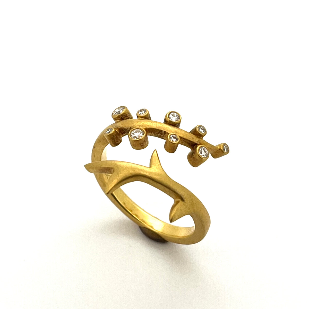Matte 18kt Yellow Gold Tree Branch Diamond Ring, KSR121, Kanwar Singh