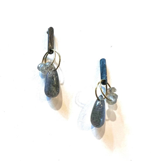 18k Gold, Oxidized Sterling Silver and Labradorite Earrings
