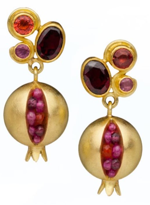 22kt and 18kt Gold, Pink Sapphire, Garnet, Padparadscha Sapphire, Carnelian, and Ruby Beads Earrings