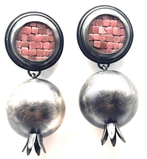Oxidized Brushed SS and Fine Silver with Rhodonite Earrings