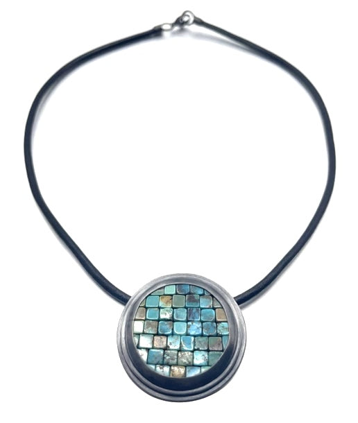 Round Stone Mountain Turquoise, Oxidized Fine Silver and SS Necklace