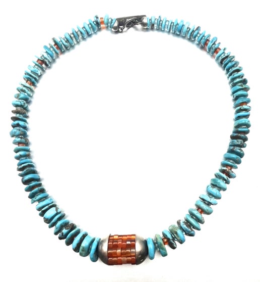 Rustic Arizona Turquoise, Kyanite and Carnelian Disc Beads with Oxidized SS Necklace