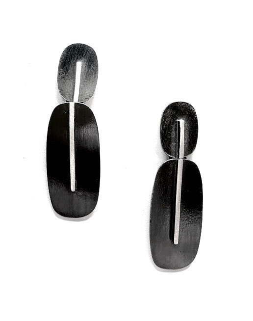 Oxidized Sterling Silver Two-part Dangle Ovals with Raised Line Earrings