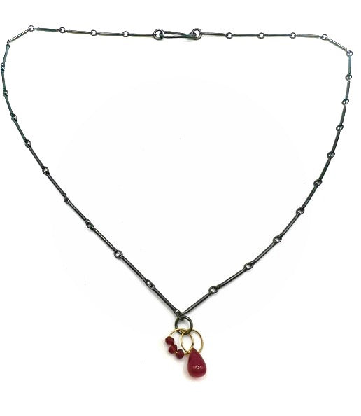 18k Gold, Oxidized Sterling Silver, with Ruby and Garnet Necklace