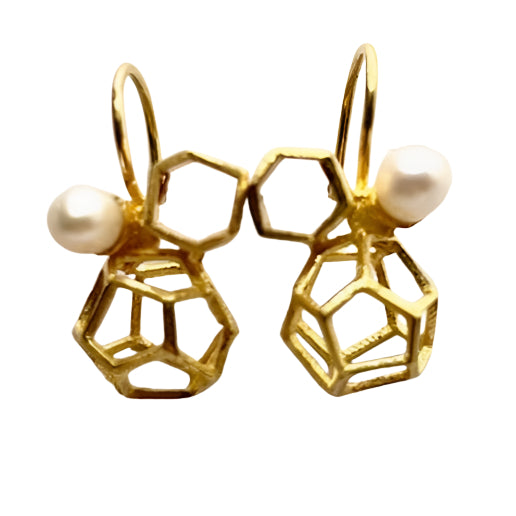 18k Yellow Gold Earrings with Pearls – Organic Cluster Rock Design