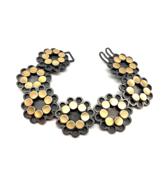 22k Gold Bimetal with Oxidized Sterling Silver Gold Dot Flower Bracelet, EB0064/, ELISA BONGFELDT