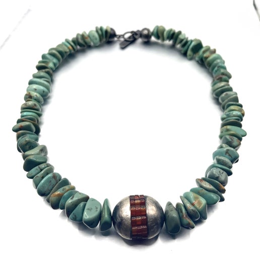 Green Carrico Lake Turquoise Beads, Carnelian Beads with Oxidized SS Necklace