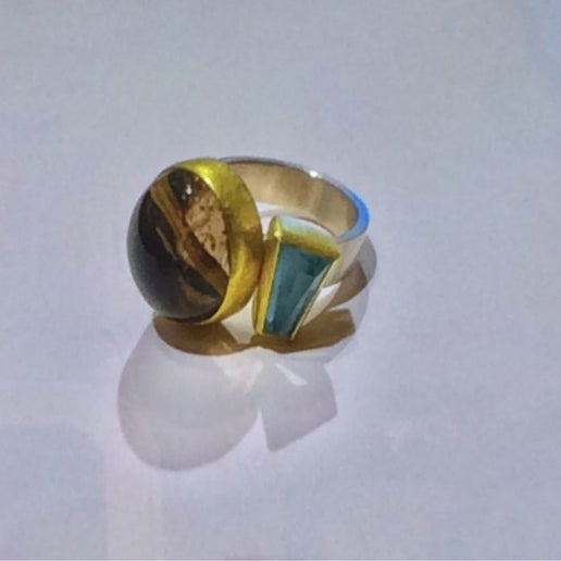 22kt Gold Rutilated Smokey Quartz and Aquamarine Ring