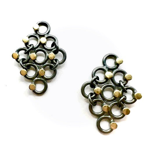 Oxidized Sterling Silver Kinetic Linked Loop Diamonds with 22k Gold Dots Earrings
