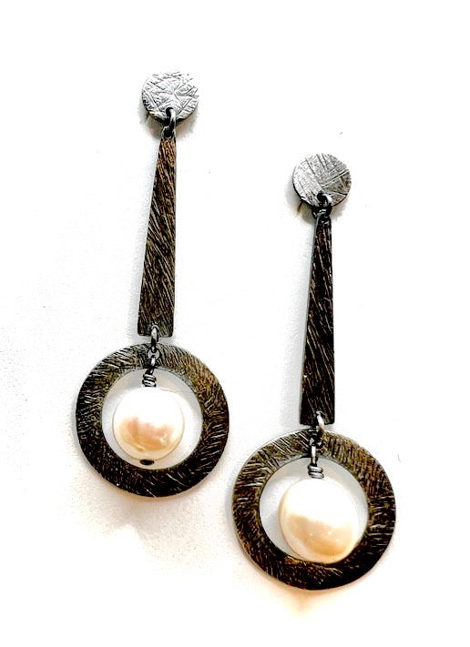Oxidized Sterling Silver Open Circle Dangles with Center Pearls Earrings
