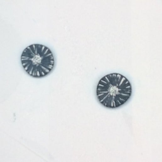 Oxidized Sterling Silver Textured Discs with Diamonds Studs