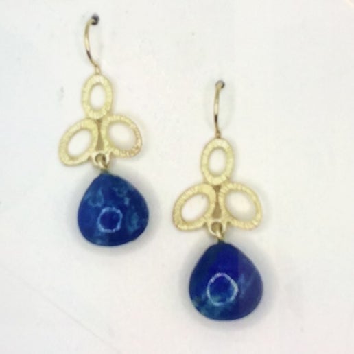 18k Yellow Gold Florals with Dangle Lapis On Hooks Earrings