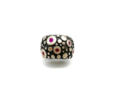 Oxidized Sterling Silver Ring with Red, Hot Pink and Orange Sapphires