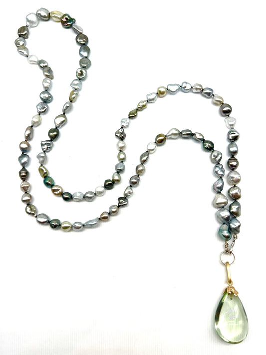 Tahitian Keshi Pearl  Necklace with a Prasiolite Drop