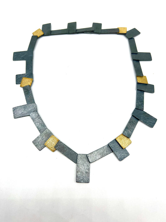 Oxidized Sterling Silver, 18 Kt Gold Vermeil Carved Tab Necklace