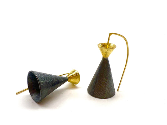 Oxidizes Sterling Silver, 18kt Gold Carved Cone Earrings