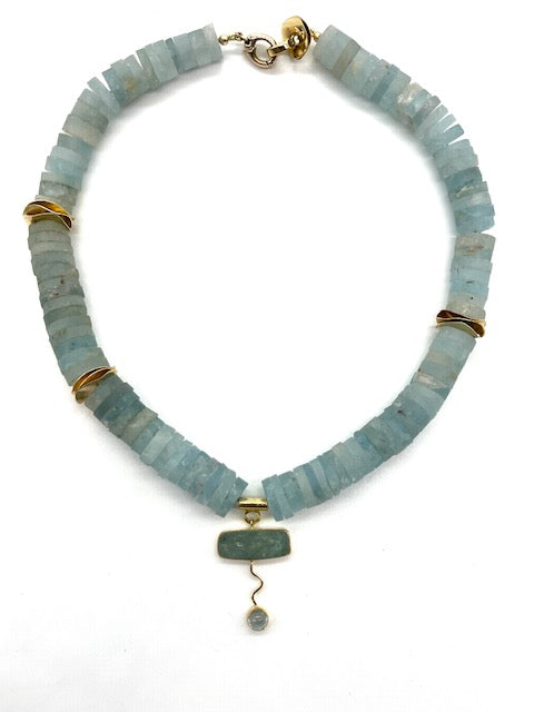 Raw Aqua Beads 18k gold necklace