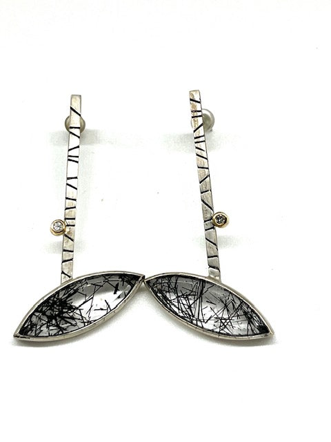 Black Tourmalinated Quartz Sterling silver and 18kt earrings