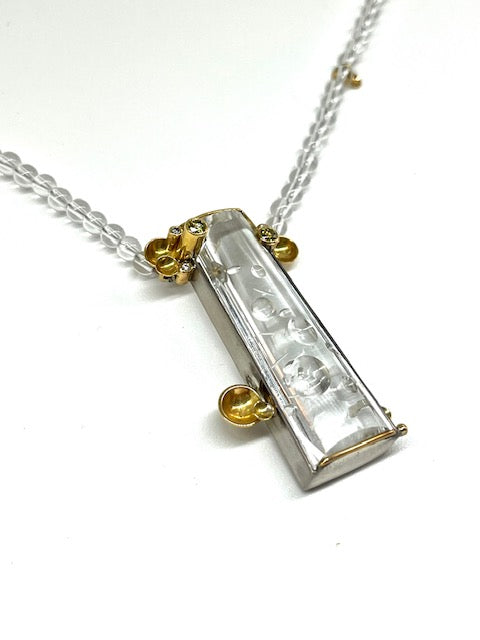 Hand carved Brazilian bubble quartz with white and yellow diamonds by Julie Harris