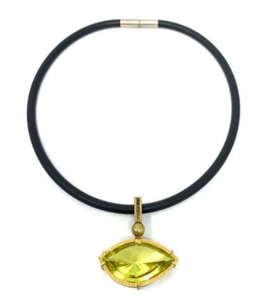 Lemon quartz pendant with cube shape diamonds and a yellow pearl. set in 18kt yellow gold and oxidized sterling silver