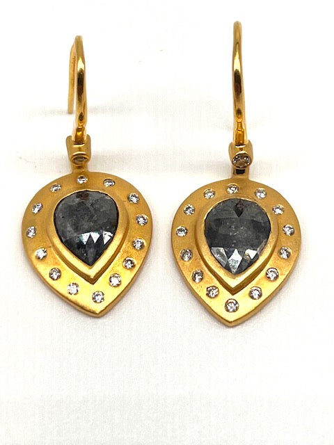 Ice Grey Diamond, 18kt Yellow Gold, Hinged French Wire Teardrop Earrings