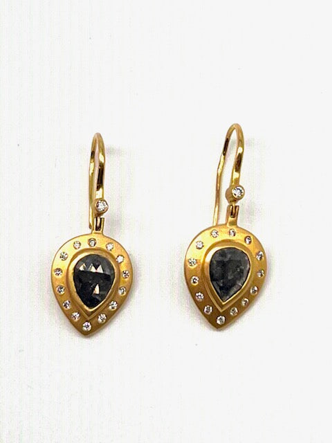 Ice Grey Diamond, 18kt Yellow Gold, Hinged French Wire Teardrop Earrings