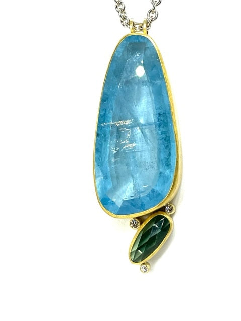 Aquamarine, Green Tourmaline and Diamond Pendant