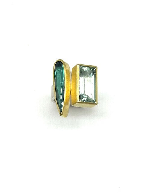 Aquamarine , Green Tourmaline, 22kt Gold, Sterling Silver Drop Ring