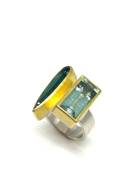 Aquamarine , Green Tourmaline, 22kt Gold, Sterling Silver Drop Ring